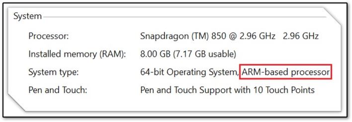 Image showing system settings when the computer uses an ARM-based processor.